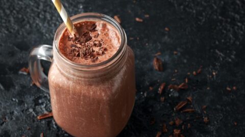 Homemade Chocolate Protein Shake in a Glass Jar