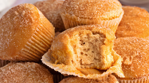 Homemade Cinnamon Muffins Stacked Served with Milk