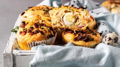 Homemade Keto Muffins with Quail Egg, Bacon and Green Onions