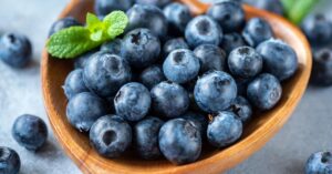 Homemade Organic Blueberries in a Wooden Bowl