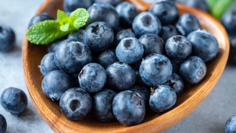 Homemade Organic Blueberries in a Wooden Bowl