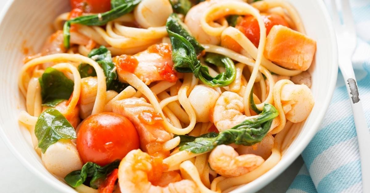 Homemade Shrimp and Scallops with Tomatoes and Pasta
