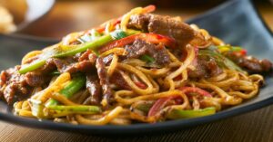 Homemade Stir-Fry Noodles with Beef and Peppers