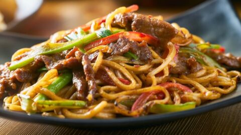 Homemade Stir-Fry Noodles with Beef and Peppers