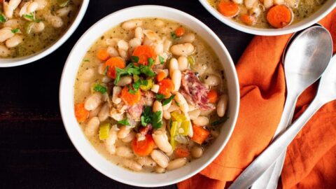 Homemade Vegan White Bean Soup with Carrots and Bacon