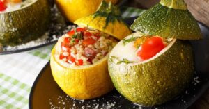 Homemade Yellow and Green Stuffed Zucchini with Tomatoes and Rice