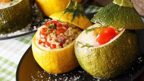 Homemade Yellow and Green Stuffed Zucchini with Tomatoes and Rice