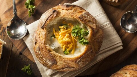 Homemade Broccoli and Cheddar Soup in a Bread Bowl