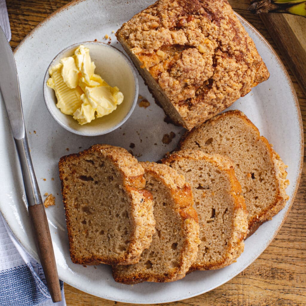 Sliced ​​Banana Bread Top View with Butter