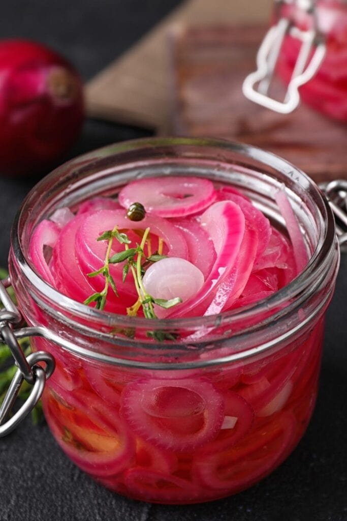 Pickled Red Onions in a Glass Jar