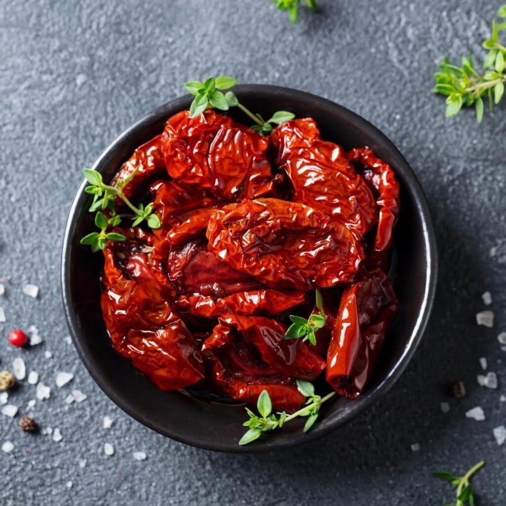Sun Dried Tomatoes in a Black Bowl