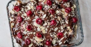 Sweet Chocolate Pudding with Cherries and Almonds