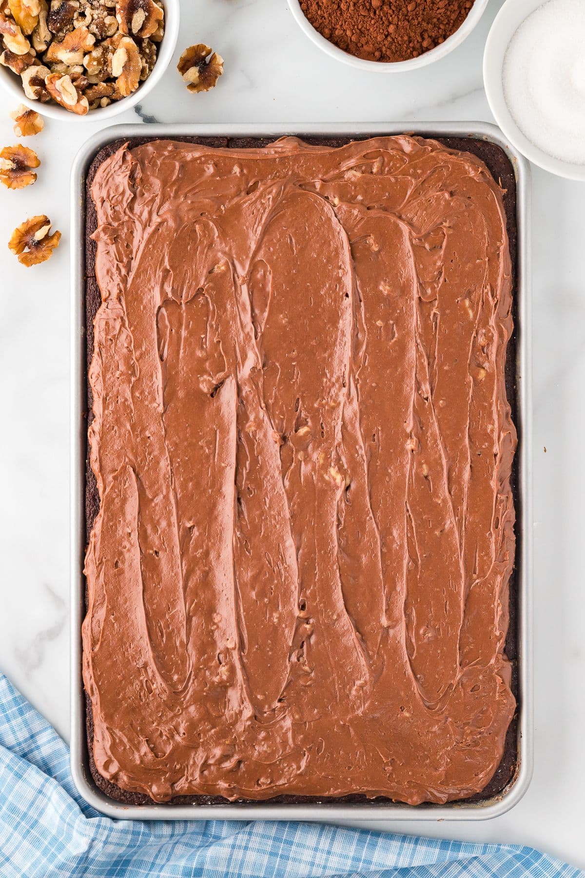 Texas sheet cake with chocolate icing spread on top.