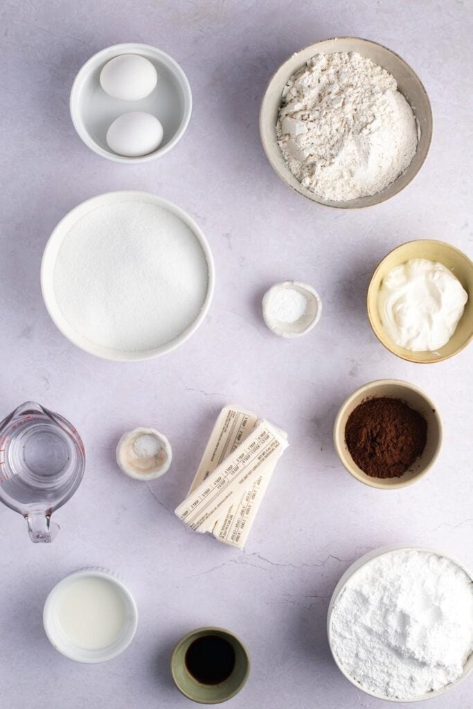 Texas Sheet Cake Ingredients - Butter, Flour, Sugar, Baking Soda, Salt, Sour Cream, Eggs and Walnuts