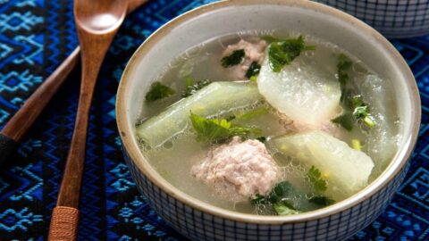 Warm White Pumpkin Meatball Soup in a Bowl
