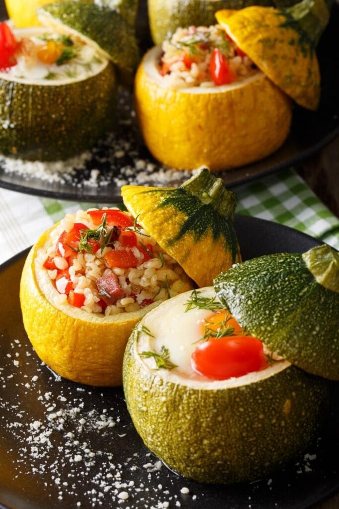 Yellow and Green Stuffed Zucchini with Rice and Tomatoes