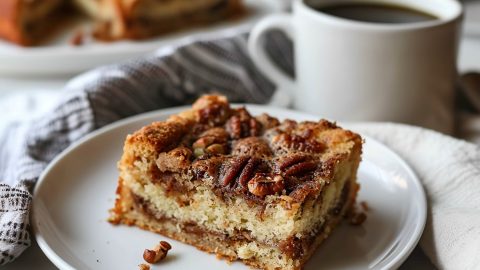 Sour Cream Coffee Cake on a Plate with a Mug of Coffee and More Cake in the Background