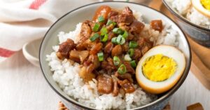 Bowl of Cooked Rice and Stewed Pork with Egg and Green Onions