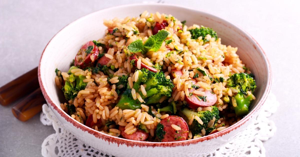 Bowl of Homemade Sausage and Rice with Broccoli