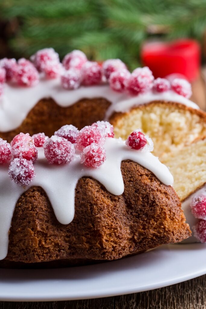 Candied Cranberries Bundt Cake with Sugar Glaze and Lemons