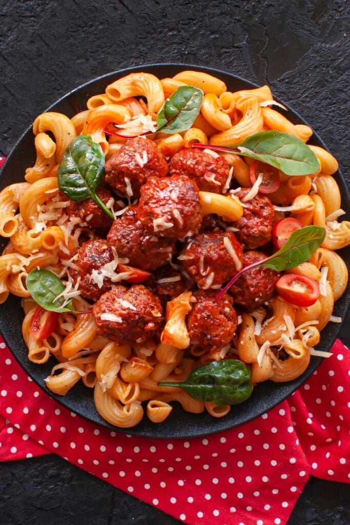 Cavatappi Pasta with Meatballs and Tomato Sauce