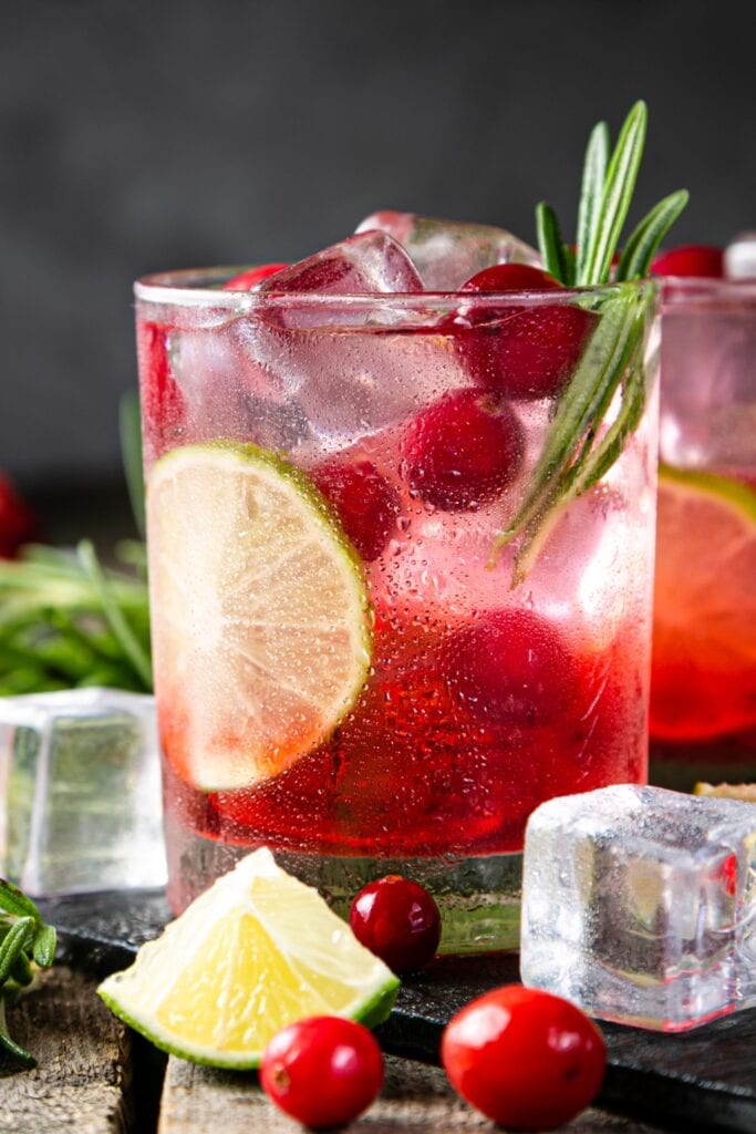Cold Cranberry Vodka Cocktail with Rosemary and Lime