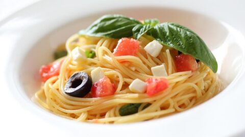 Homemade Capellini Pasta with Olives, Tomatoes and Basil