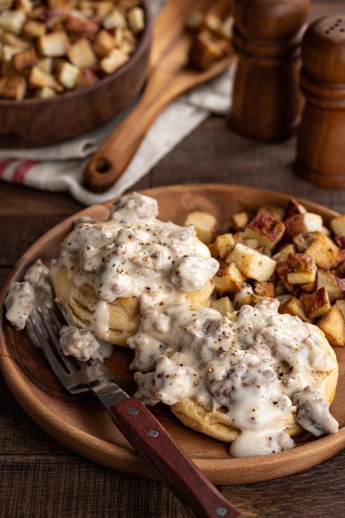 Homemade Ground Beef and Biscuits with Gravy and Potatoes