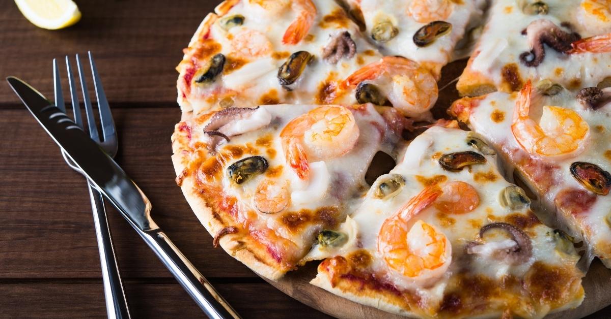 Homemade Italian Seafood Pizza with Shrimp, Clam and Mussels