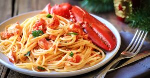 Homemade Lobster Spaghetti with Tomatoes for Christmas