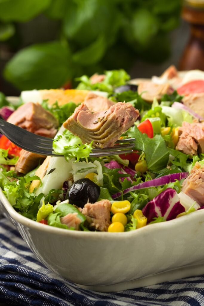 Homemade Tuna Salad with Corn, Olives and Greens