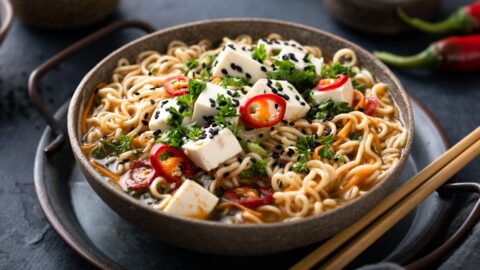 Homemade Vegan Ramen Noodles with Tofu and Vegetables in a Bowl