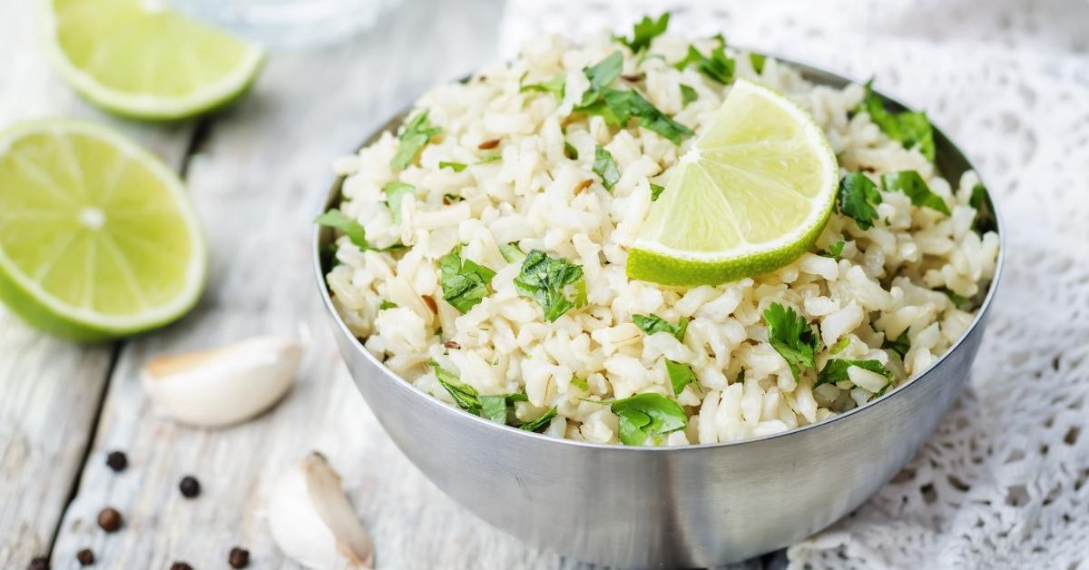 Homemade White Rice with Lime and Cilantro in a Bowl