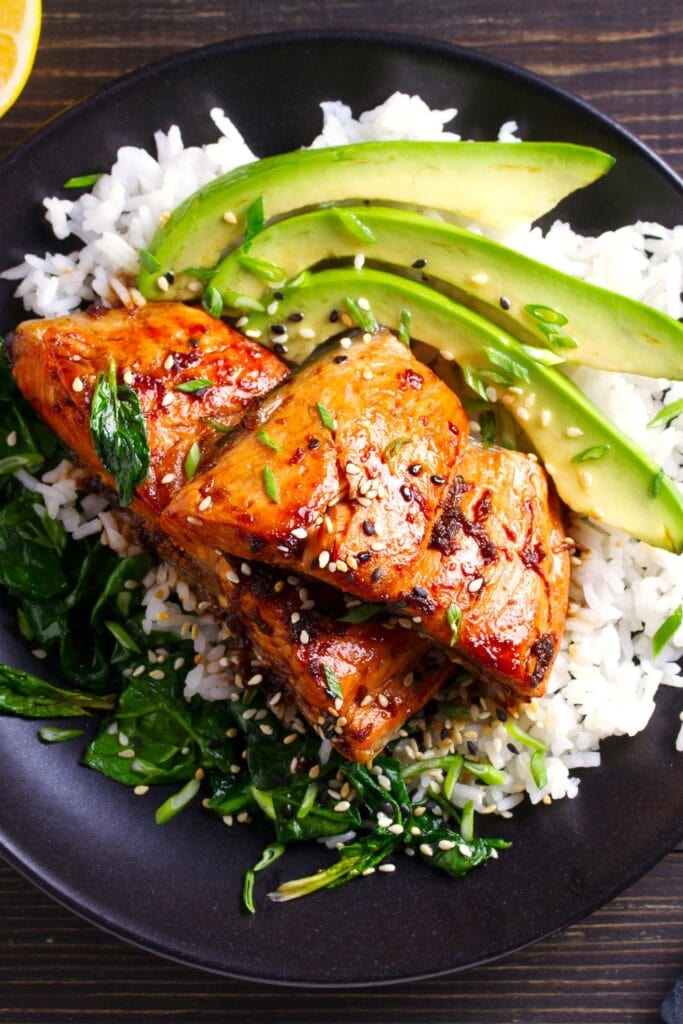 Honey-Soy Glazed Salmon with Spinach, Avocado and Rice