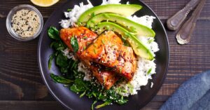 Honey-Soy Glazed Salmon with Spinach, Avocado and Rice