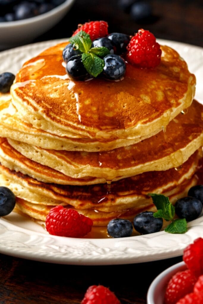 Healthy Oatmeal Pancakes Topped With Berries and Drizzle of Honey