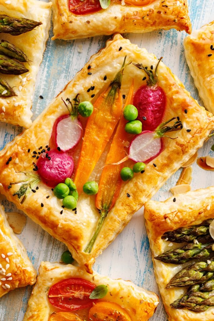 Puff Pastry Tart with Carrots, Asparagus and Peas Vegetables