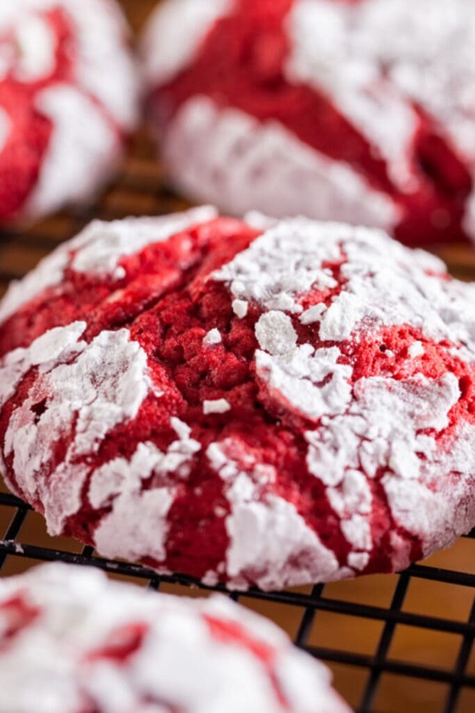 Close up of Chewy Red Velvet Crinkle Cookies