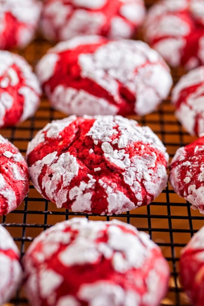 Red Velvet Crinkle Cookies on a Baking Rack
