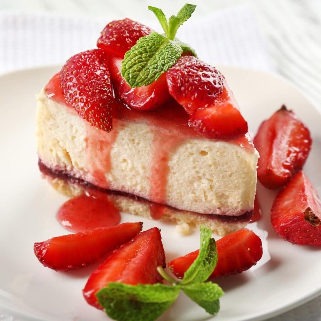 Sliced Strawberry Cheesecake in a White Plate