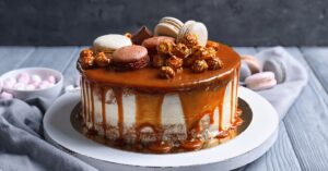 Sweet Homemade Caramel Cake with Macarons and Popcorn