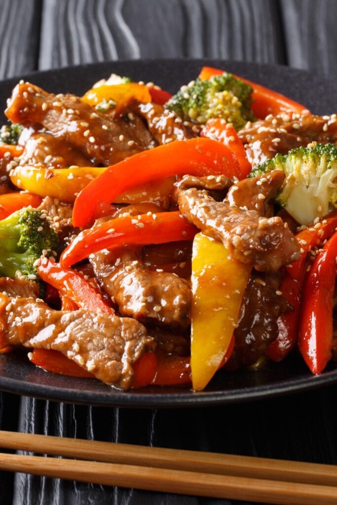 Teriyaki Beef with Broccoli Sesame Seeds, Yellow and Red Bell Peppers