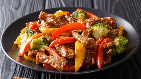 Teriyaki Beef with Broccoli, Sesame Seeds, Yellow and Red Bell Peppers