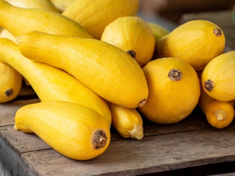 Bunch of Fresh Yellow Squash on a Wooden Table