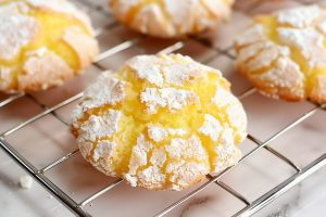 Close up of Lemon Crinkle Cookies on a Wire Rack