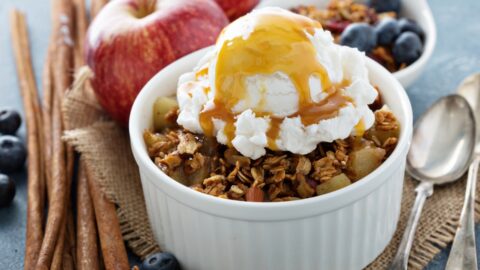 Apple Crisp with Ice Cream and Caramel in a Ramekin