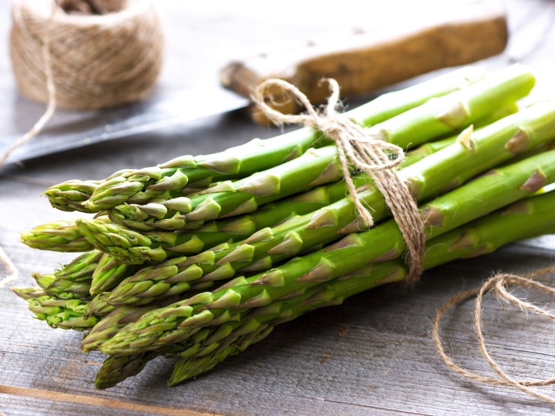 Bunch of fresh asparagus tied with a cotton string. 