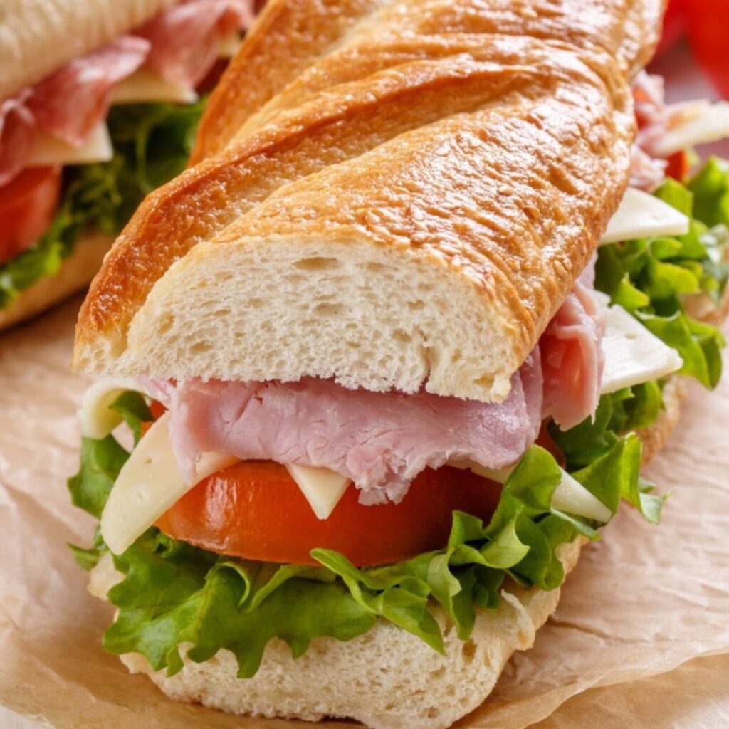 Baguette Sandwich with Ham, Cheese, Tomato and Lettuce
