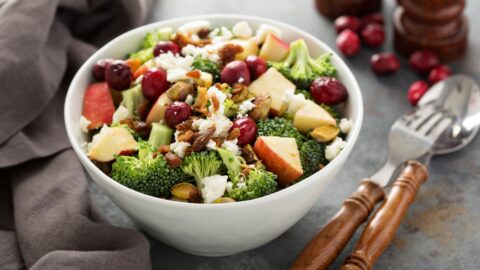 Bowl of Homemade Broccoli Salad with Beans, Apple and Nuts