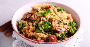 Bowl of Smoked Sausage and Rice with Broccoli